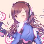  ;d armor bangs blush bodysuit bracer breasts brown_eyes brown_hair charm_(object) covered_nipples d.va_(overwatch) eyebrows eyebrows_visible_through_hair facepaint facial_mark fang from_behind gloves gun handgun headphones high_collar highres hitomilook leaning_forward long_hair looking_at_viewer looking_back medium_breasts one_eye_closed open_mouth overwatch pauldrons pilot_suit pink_lips ribbed_bodysuit shoulder_pads simple_background small_breasts smile solo turtleneck upper_body weapon whisker_markings white_gloves 