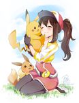  2016 baseball_cap belt black_legwear blush brown_hair closed_eyes cropped_jacket eevee female_protagonist_(pokemon_go) fingerless_gloves gen_1_pokemon gloves grass hat hug leggings long_hair outdoors pikachu pokemon pokemon_(creature) pokemon_go ponytail rougetsu seiza signature sitting smile twitter_username 