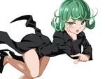  ass bad_id bad_twitter_id bare_legs black_dress black_footwear blush curly_hair dress flying funnyari green_eyes green_hair hand_on_own_chin looking_at_viewer one-punch_man parted_lips shoes short_hair simple_background smile solo tatsumaki white_background 