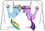  2013 absurd_res bdsm blue_fur bondage bondage_furniture bound chain clothing cutie_mark duo equine eye_contact female feral friendship_is_magic fur hair hi_res horn horse infinitoa mammal multicolored_hair my_little_pony panties pony purple_eyes purple_fur pussy rainbow_dash_(mlp) rainbow_hair spreader_bar tongue tongue_out twilight_sparkle_(mlp) underwear unicorn 