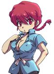  1girl biifun cleavage nipples no_bra ponytail ranma-chan ranma_1/2 red_eyes red_hair saotome_ranma simple_background solo upper_body white_background 