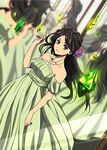  bad_id bad_pixiv_id bare_shoulders blurry brown_hair collarbone crystal depth_of_field dress dutch_angle earrings flower green_dress green_eyes hair_flower hair_ornament hanging jewelry koitsu_(blue) long_hair looking_at_viewer mirror necklace original reflection smile solo strapless strapless_dress stud_earrings 