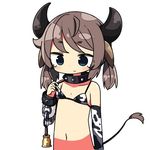  animal_ears bare_shoulders bell breast_conscious brown_hair choker commentary_request cow_bell cow_ears cow_girl cow_horns cow_tail flat_chest green_eyes horns kanikama lowres original simple_background solo tail tail_raised tears upper_body white_background 
