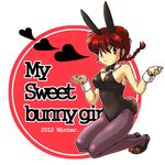  1girl animal_costume animal_ears animal_tail bare_shoulders biifun bunny_costume bunny_ears bunny_tail extra_ears fake_animal_ears kneeling looking_at_viewer ponytail ranma-chan ranma_1/2 red_eyes red_hair saotome_ranma simple_background sleeveless solo tail white_background 