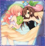  alarm_clock bare_shoulders bed blanket blonde_hair bow brown_hair clock compa dogoo green_eyes hair_ornament hairband highres if_(choujigen_game_neptune) long_hair multiple_girls neptune_(choujigen_game_neptune) neptune_(series) one_eye_closed open_mouth pillow ribbon short_hair sleeping sleepwear sleepy striped striped_legwear tears thighhighs tsunako 