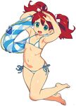  armpits arms_up barefoot bikini feet full_body green_eyes hair_ribbon innertube navel om_(nk2007) open_mouth red_hair ribbon saru_getchu sayaka_(saru_getchu) simple_background smile solo swimsuit twintails white_background 