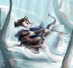  action_pose anthro armello armor arrow bow_(weapon) braided_hair braided_tail brown_fur canine cape cercat clothing digitigrade female forest fur hair mammal motion_blur outside purple_eyes ranged_weapon river_(armello) scar snow solo tree weapon white_fur wolf yellow_sclera 