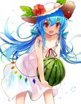  alternate_costume blue_hair blush bubble collarbone cowboy_shot dress efe eyebrows eyebrows_visible_through_hair flower food fruit hat hat_flower hibiscus hinanawi_tenshi long_hair looking_at_viewer open_mouth peach red_eyes see-through_silhouette simple_background smile solo standing sun_hat sundress touhou translucent water_drop watermelon white_background white_dress 