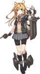  abukuma_(kantai_collection) adapted_turret bike_shorts black_gloves black_shorts blonde_hair blue_eyes boots fingerless_gloves full_body gloves grey_skirt gun holding holding_gun holding_weapon kantai_collection long_hair looking_at_viewer official_art pleated_skirt shorts shorts_under_skirt skirt smile solo transparent_background weapon 