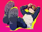  arm_behind_head brown_hair closed_eyes crossed_legs foreshortening full_body goggles kekkai_sensen koitsu_(blue) leonardo_watch male_focus monkey pink_background removing_goggles sitting sonic_speed_monkey 