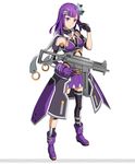  asymmetrical_gloves asymmetrical_legwear black_gloves character_request gloves gun hair_ornament highres holding holding_gun holding_weapon looking_at_viewer mole mole_under_eye official_art pleated_skirt purple_eyes purple_gloves purple_hair purple_skirt short_hair simple_background skirt solo sword_art_online sword_art_online:_code_register watermark weapon white_background 