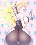  arched_back ass black_gloves blonde_hair blue_eyes bodysuit breasts cameltoe eyebrows eyebrows_visible_through_hair faulds from_behind gloves gun hair_ornament hair_tie hand_on_breast handgun hitomilook large_breasts leaning_forward looking_at_viewer looking_back mechanical_halo mechanical_wings mercy_(overwatch) overwatch pantyhose ponytail solo spread_wings weapon wings yellow_wings 