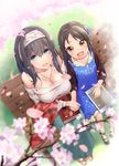  :d age_difference bench black_hair blue_eyes blurry blush book bow branch breasts brown_eyes brown_hair cherry_blossoms cleavage depth_of_field flower from_above hair_bow hairband holding_hands idolmaster idolmaster_cinderella_girls jewelry large_breasts long_hair looking_at_viewer looking_up mary_janes multiple_girls necklace off-shoulder_sweater open_mouth outdoors pendant petals ribbed_sweater sagisawa_fumika shoes side-by-side smile socks sweater tablet_pc tachibana_arisu u_(the_unko) 