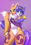  &lt;3 2016 anthro black_nose blue_eyes blue_fur blue_hair blush breasts bridal_gauntlets canine claws cleavage clothed clothing convenient_censorship digimon doomthewolf duo embrace eye_contact featureless_crotch female female/female fluffy fluffy_tail fox fur green_eyes hair hair_ornament headband hi_res hug jewelry krystal loincloth mammal markings monochrome navel neck_tuft nintendo nude open_mouth renamon short_hair shoulder_pads skimpy smile spaulders star_fox tongue tribal tuft under_boob video_games white_fur wide_hips yellow_fur 