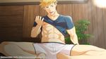  1boy abs barefoot blonde_hair crotch feet green_eyes looking_at_viewer male_focus muscle nipples nukobaooo open_mouth pecs sitting smile solo undressing 