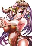  1girl aliza_(granblue_fantasy) blush breasts brown_eyes chibi chinese_clothes cow_girl cow_horns dress earrings female granblue_fantasy headgear horns large_breasts long_hair looking_at_viewer nyagakiya open_mouth panties pointy_ears purple_hair sideboob simple_background solo standing sweat white_background white_pantis 