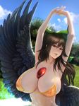  armpits arms_up bikini black_hair black_wings bow breasts chromatic_aberration cloud day forest grass hair_bow highres huge_breasts minami_koyogi nature orange_bikini red_eyes reiuji_utsuho sky solo swimsuit third_eye tongue tongue_out touhou upper_body water wings 