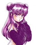  1girl animal_costume bare_shoulders biifun elbow_gloves gloves long_hair looking_at_viewer monochrome nude purple_eyes purple_hair ranma_1/2 shampoo_(ranma_1/2) simple_background sketch solo twintails upper_body white_background 