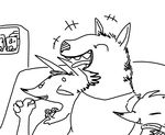  anthro avo_(weaver) candy canine charlie_(weaver) disney eyes_closed fan_character female food fox group half-closed_eyes hand_on_shoulder hyena laugh lollipop male mammal monochrome ozzy_(weaver) sitting smile the_weaver vending_machine wolf zootopia 