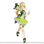  blonde_hair breasts cleavage frilled_skirt frills full_body gloves green_eyes green_skirt hair_ornament holding holding_microphone leafa long_hair medium_breasts microphone midriff navel official_art open_mouth pointy_ears ponytail simple_background skirt solo sword_art_online sword_art_online:_code_register watermark white_background white_gloves 