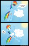  2013 absurd_res blue_feathers blue_fur cloud comic cutie_mark english_text equine feathered_wings feathers female feral flying friendship_is_magic fur hair hi_res hug infinitoa mammal multicolored_hair multicolored_tail my_little_pony outside pegasus purple_eyes rainbow_dash_(mlp) rainbow_hair rainbow_tail sky smile solo sun text wings 