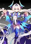  2016 athria bat_wings black_background blue_bow blue_eyes blue_legwear blue_wings boots bow brooch bug butterfly dated detached_sleeves elsword flower gradient gradient_background grey_background insect jewelry knee_boots long_hair looking_at_viewer luciela_r._sourcream miniskirt noblesse_(elsword) rose skirt smile solo symbol-shaped_pupils thighhighs twintails white_flower white_hair white_rose wings 