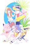  2boys black_hair blue_(pokemon) bracelet brown_eyes brown_hair clefairy exeggutor eyewear_on_head fang flip-flops flower gen_1_pokemon goggles goggles_on_head hat hat_flower hawaiian_shirt jewelry lei melso multiple_boys ookido_green open_clothes open_mouth open_shirt palm_tree pikachu pokemon pokemon_(creature) pokemon_(game) pokemon_rgby red_(pokemon) red_(pokemon_rgby) sandals shirt sitting smile snorkel snorkel_in_mouth sun_hat sunglasses tree v white_skin 