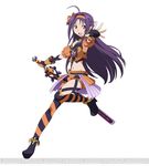  fingerless_gloves full_body gloves hair_ribbon holding holding_sword holding_weapon long_hair midriff navel official_art open_mouth orange_eyes orange_ribbon pointy_ears purple_hair ribbon simple_background solo striped striped_legwear sword sword_art_online sword_art_online:_code_register thighhighs watermark weapon white_background yuuki_(sao) 