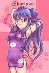  1girl armpits biifun china_dress light_smile looking_at_viewer purple_hair red_eyes shampoo_(ranma_1/2) solo standing tagme twintails 