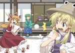  6+girls clone cosplay fusuma hakurei_reimu hakurei_reimu_(cosplay) haniwa_(leaf_garden) hat ibuki_suika kochiya_sanae kotatsu minigirl moriya_suwako multiple_girls sliding_doors snow snowball snowball_fight table touhou translated yasaka_kanako 