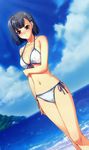  absurdres aoi_shiro bikini blush breasts cleavage cloud day front-tie_top hair_ornament hairclip highres medium_breasts navel osanai_shouko purple_eyes short_hair side-tie_bikini sky solo sparkle swimsuit water yasaka_minato 