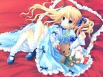  blonde_hair blue_eyes bow copyright_request dress frilled_pillow frills frown hair_bow hair_ribbon highres mary_janes pillow ribbon sakurazawa_izumi shoes solo stuffed_animal stuffed_toy teddy_bear twintails wallpaper 