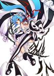  adalove animal_ears bare_shoulders blue_hair chain highres horns long_hair monocle orange_eyes original single_thighhigh skull solo striped striped_legwear thighhighs vertical-striped_legwear vertical_stripes 