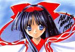  1girl 90s absurdres ainu_clothes black_hair blue_eyes bow hair_bow highres nakoruru nanase_aoi red_bow samurai_spirits scan signature smile solo 