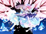  arm_garter blue_dress cherry_blossoms dress floating frills ghost green_dress hat highres hitodama konpaku_youmu konpaku_youmu_(ghost) looking_at_viewer mob_cap multiple_girls pink_eyes pink_hair plant red_eyes saigyouji_yuyuko sakurazawa_izumi short_hair silver_hair touhou tree triangular_headpiece wallpaper 