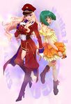  blonde_hair blue_hair green_hair hat highres macross macross_frontier multiple_girls orange_skirt pandaun ranka_lee red_eyes sheryl_nome skirt 