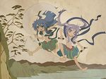  anklet barefoot blue_hair bracelet feet fine_art_parody fuujin god highres hiiragi_kagami izumi_konata jewelry lucky_star multiple_girls nihonga parody purple_hair raijin sakamoto_kazuya sarashi shinto water 