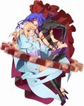  blonde_hair blue_eyes blue_hair breasts cleavage dual_persona high_heels japanese_clothes kimono legs long_hair macross macross_frontier macross_frontier:_itsuwari_no_utahime multiple_girls murakami_yuichi one_eye_closed purple_hair sheryl_nome shoes small_breasts thighhighs yukata yuri 