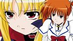  absurdres artist_request blonde_hair bow bowtie brown_hair cape close-up cool_your_head dress face fate_testarossa highres long_sleeves lyrical_nanoha magical_girl mahou_shoujo_lyrical_nanoha_strikers multiple_girls red_bow red_eyes red_neckwear short_hair takamachi_nanoha transparent_background twintails uniform upper_body white_dress 