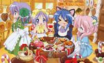  &gt;_&lt; :3 :p absurdres animal_ears artist_request basket berries cake candy candy_cane cat_ears cathead cherry chocolate chocolate_heart closed_eyes cookie doughnut feast food fruit heart highres hiiragi_kagami hiiragi_tsukasa izumi_konata kitchen lucky_star mole mole_under_eye multiple_girls nyamou pastry ribbon takara_miyuki tiramisu tongue tongue_out x3 