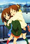  ^_^ absurdres animage bag blush brown_eyes brown_hair closed_eyes hair_ornament hairclip highres hirasawa_ui hirasawa_yui horiguchi_yukiko hug hug_from_behind k-on! kneehighs multiple_girls official_art open_mouth ponytail round_teeth scan shoes short_hair shorts siblings sisters skirt smile socks teeth winter_clothes 