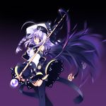  ahoge black_legwear black_wings braid detached_sleeves gloves highres lime_luna_oaklane primary_~magical_trouble_scramble~ purple_eyes purple_hair scythe thighhighs treble_clef tsurugi_hagane wings 