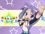  artist_request casual highres hiiragi_kagami long_hair lucky_star microphone pointing purple_eyes purple_hair raglan_sleeves solo star twintails wallpaper 