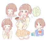  :d ^_^ bangs blunt_bangs blush bow bowtie braid brown_eyes brown_hair closed_eyes double-breasted doughnut dropping flying_sweatdrops food french_braid hairband hand_on_own_chest hand_to_own_mouth multiple_persona multiple_views neckerchief open_mouth pom_pom_(clothes) saku_usako_(rabbit) sidelocks simple_background sketch smile tears tokyo_7th_sisters tray tsunomori_rona waitress wavy_mouth white_background 