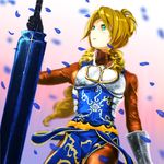  1girl armor artist_request blonde_hair drill_hair gloves green_eyes lakyus_alvein_dale_aindra long_hair overlord_(maruyama) petals solo sword weapon 