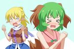  &gt;_&lt; :o angry animal_ears bare_arms bare_shoulders blonde_hair breasts cato_(monocatienus) closed_eyes commentary constricted_pupils dog_ears ears_down fang flat_chest floppy_ears green_hair jealous kasodani_kyouko medium_breasts mizuhashi_parsee multiple_girls open_mouth pointy_ears ponytail robe scarf short_hair sleeveless tears touhou v-shaped_eyebrows wavy_mouth 