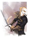  anthro armor clothed clothing diesel_wiesel male melee_weapon simple_background solo sword teeth unknown_species weapon 
