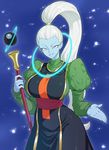  blue_skin breasts dragon_ball dragon_ball_super dress hair_slicked_back hair_tie highres large_breasts long_hair long_sleeves pink_eyes ponytail puffy_long_sleeves puffy_sleeves smile solo space_jin vados_(dragon_ball) white_hair 