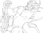  2016 5_fingers abs anthro armpit_hair badcoyote balls biceps charr chest_tuft claws digital_media_(artwork) erection fangs feline guild_wars hair hand_behind_head horn humanoid_penis line_art looking_at_viewer male mammal manly melee_weapon monochrome muscular muscular_male nipples nude pecs penis rytlock_brimstone simple_background solo sword tail_tuft tuft tusks video_games weapon white_background 