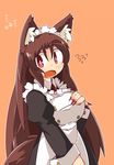  alternate_costume amura_(artist) animal_ears blush brown_hair enmaided fang fingernails flying_sweatdrops hand_on_own_chest imaizumi_kagerou long_fingernails maid nail_polish open_mouth paw_print red_eyes red_nails solo touhou upper_body wolf_ears 